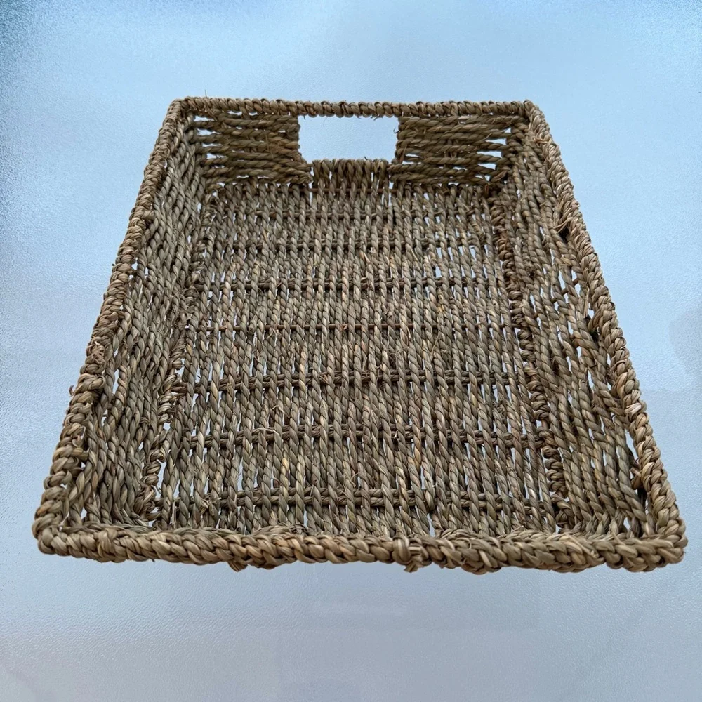 Rectangular Woven Seagrass Shallow Storage Basket Serving Tray
